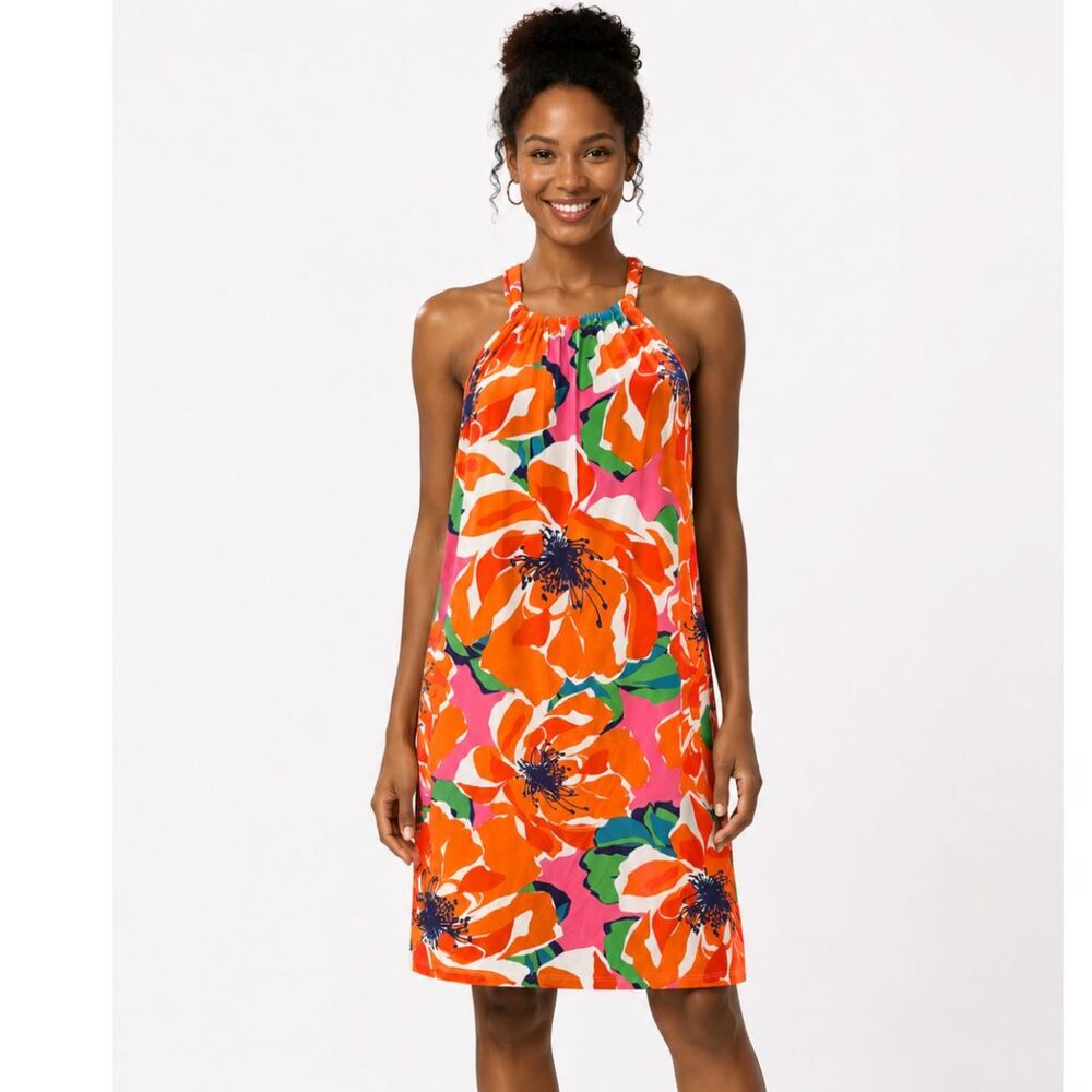 Trina Turk Juju Botanical Medley Vibrant Colorful Floral Halter Dress Sz L NWOT